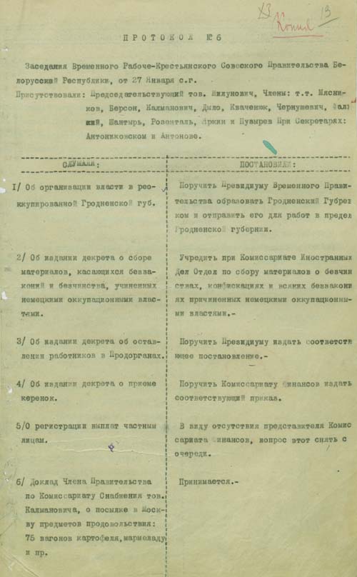 Протокол № 6 заседания Временного рабоче-крестьянского советского правительства Белоруссии