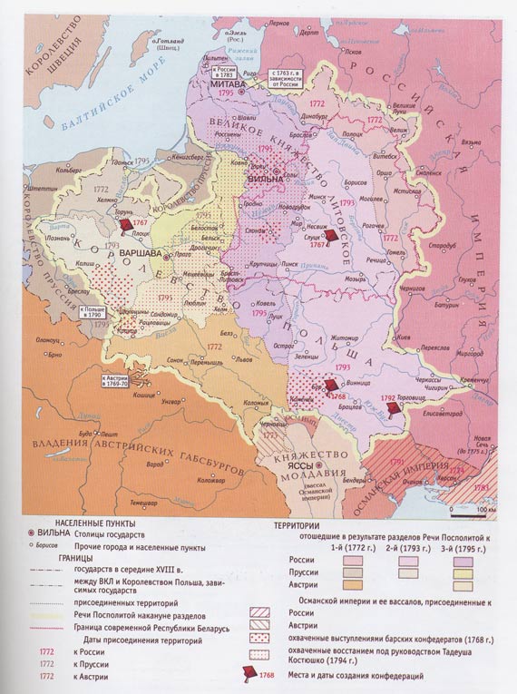 Карта разделов Речи Посполитой 1772-1795 гг. Включение белорусских земель в состав Российской империи