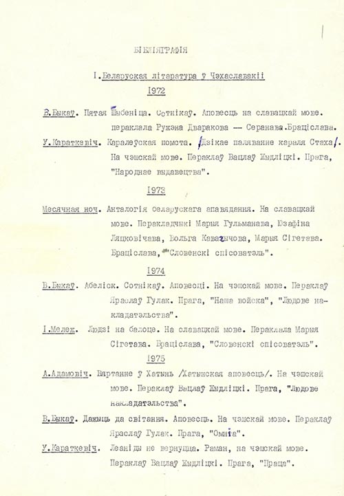 Бібліяграфія твораў беларускіх пісьменнікаў, выдадзеных у Чэхаславакіі ў 1972-1975 гг., у тым ліку В. Быкава