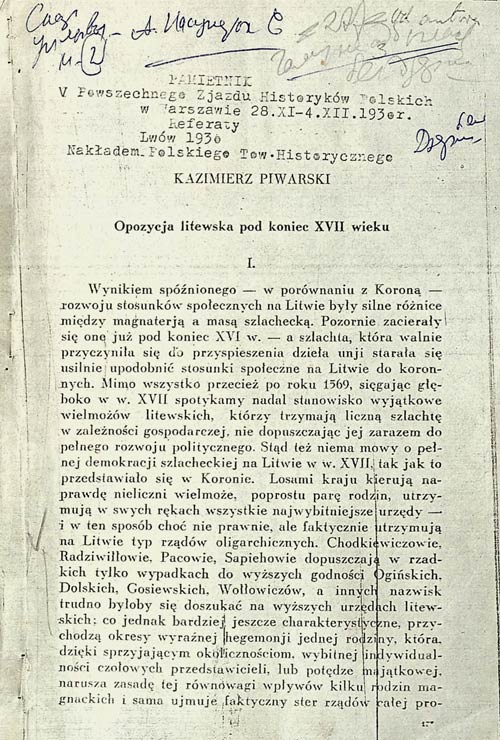 Очерк К. Пиварского “Литовская оппозиция в конце ХVІІ века”