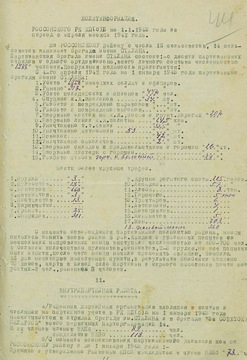 Донесение Россонского подпольного райкома КП(б)Б за период с апреля по декабрь 1942 г.