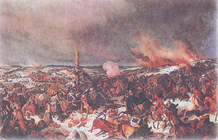 “Переправа французской армии через Березину 28 ноября 1812 года”. Литография работы Гесса, середина XIX в.