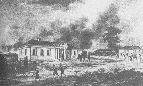 Рисунок художника, французского офицера Адама «Пожар в Докшицах в 1812 году»