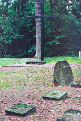 Мемориальный камень и надмогильные плиты на месте немецкого воинского захоронения
