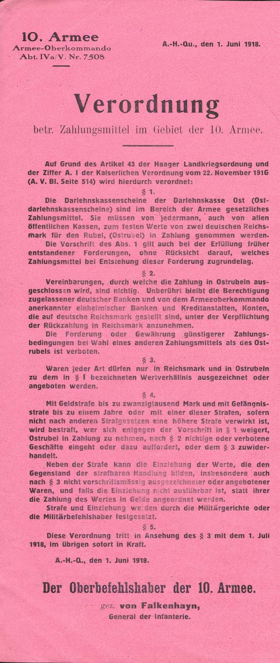 Распоряжение главнокомандующего X германской армией генерала от инфантерии Э. фон Фалькенхайна