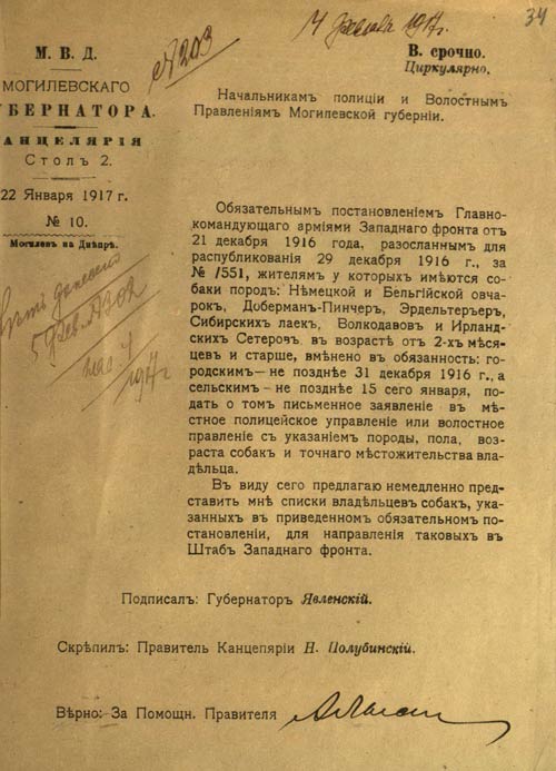Предложение могилевского губернатора Д. Явленского начальникам полиции и волостным правлениям